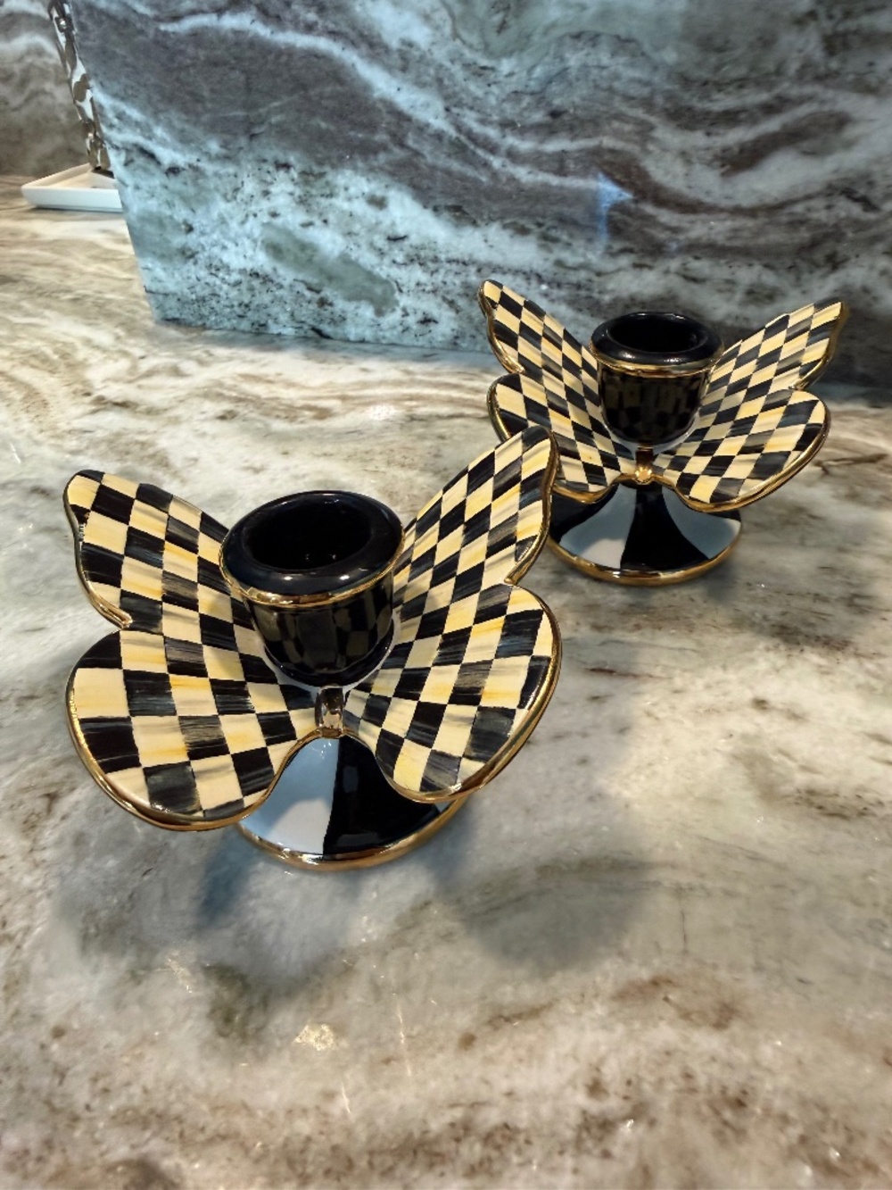 MacKenzie-Childs  Courtly Check Butterfly 2-Piece Candle Holder Set